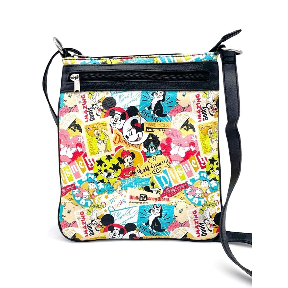 Disney Parks Mickey & Friends Crossbody Bag Retro Collage Print Adjustable Zip